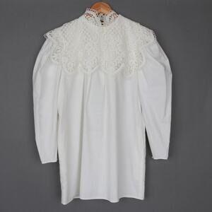 Vintage 80s Jessica McClintock White Cotton Lace Bib Puff Sleeve Mini Dress